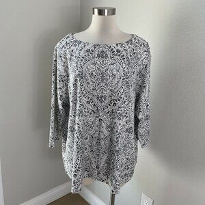 Croft & Barrow Womens Plus 2X Black White Floral Boatneck Cotton Top Shirt